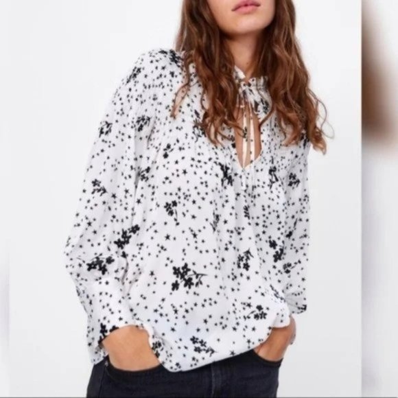 Zara Tops - White  Black Zara Blouse with Stars and Flowers Statement Sleeves, M
